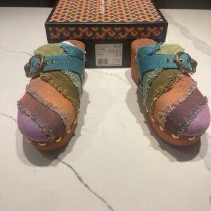 Kurt Geiger Multicolor Frayed Denim Patchwork Clogs